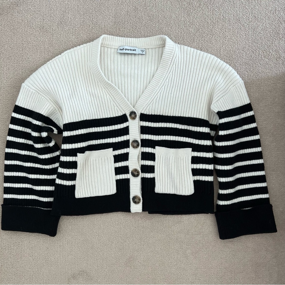 SELF-PORTRAIT Horizontal-Stripe Button-Fastening Cardigan